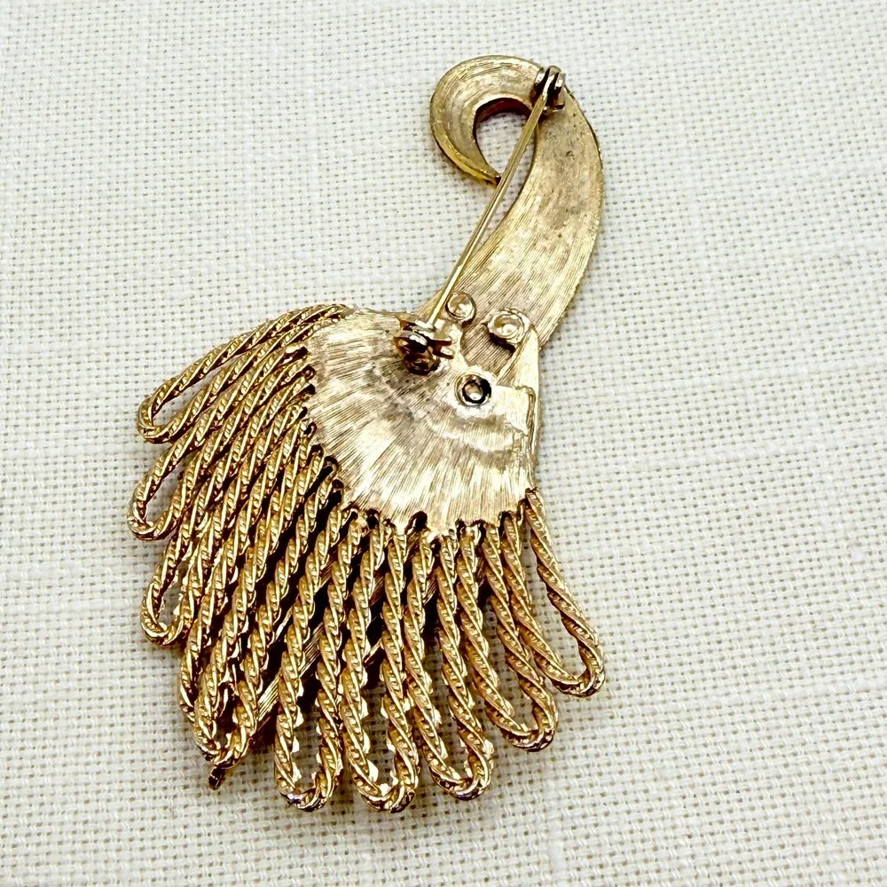 Vintage Blue and Red Glitter Enamel Gold Tone Peacock Bird Brooch Pin